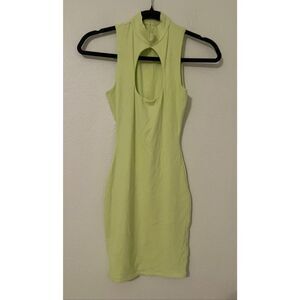 Naked Wardrobe Lime Green Cutout Bodycon Dress Mock Neck Ribbed Mini Size S NEW